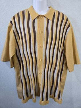 Silver Jeans Yellow Brown Striped Button-Front Knit Shirt